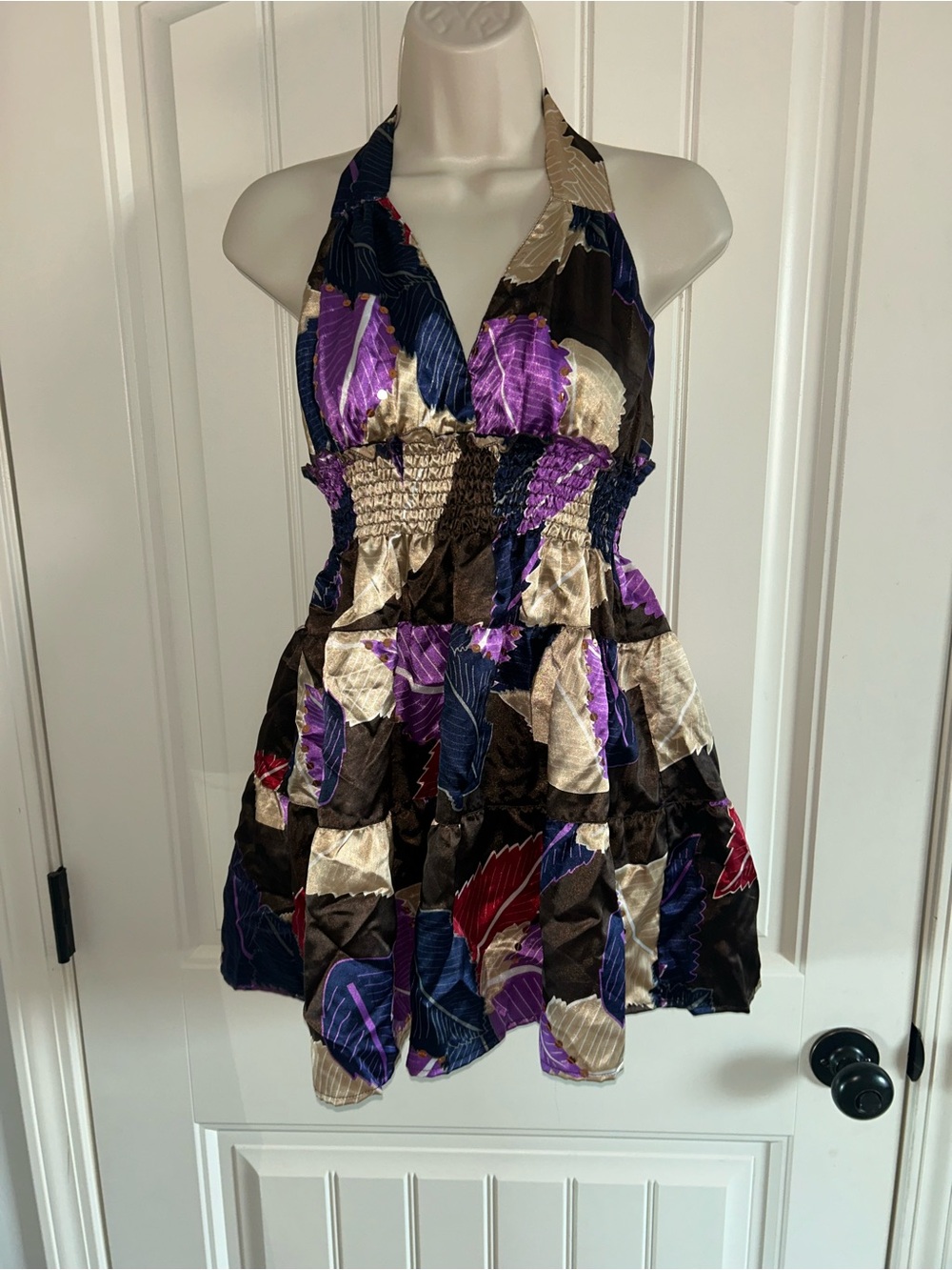 Angie Purple Floral Halter Mini Dress with Neutral Accents